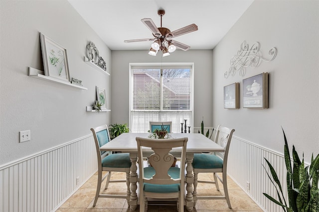 dining room featuring a wainscoted wall and ceiling fan