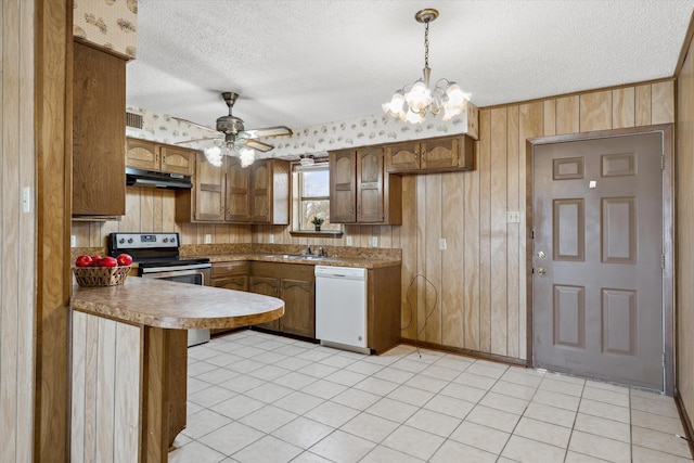 kitchen with wooden walls, under cabinet range hood, dishwasher, electric stove, and a sink