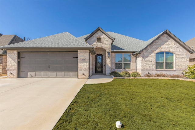 french country home featuring a front yard, concrete driveway, a garage, and a shingled roof