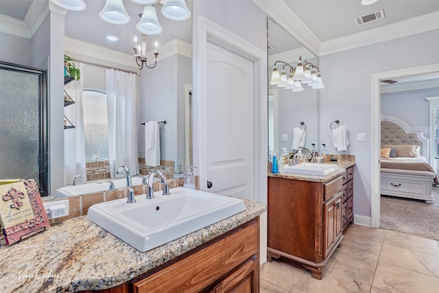 full bathroom with a sink, visible vents, an inviting chandelier, and crown molding