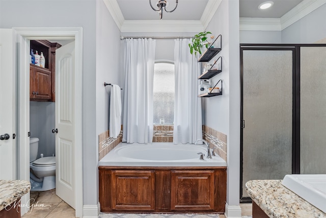 full bath with toilet, a bath, a shower stall, and crown molding