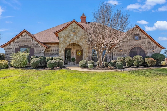 french provincial home with a shingled roof, a chimney, a front lawn, stone siding, and brick siding