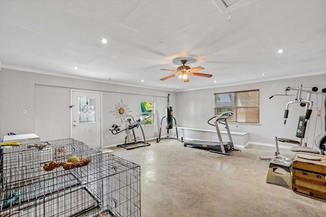 workout area featuring attic access, plenty of natural light, recessed lighting, and baseboards