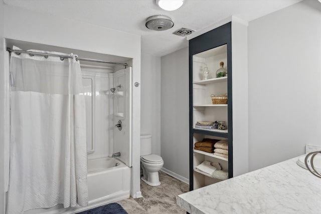 bathroom featuring visible vents, vanity, toilet, and shower / bath combo with shower curtain