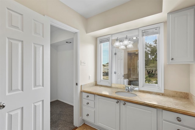 bathroom featuring vanity and walk in shower