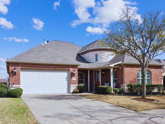 view of front facade featuring an attached garage, brick siding, driveway, and roof with shingles