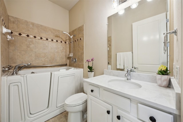 bathroom with tile patterned floors, toilet, a tub, a shower, and vanity