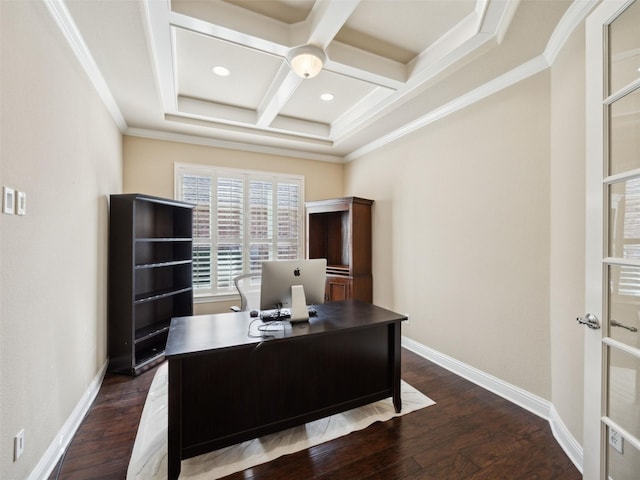 office space featuring baseboards, coffered ceiling, dark wood-style flooring, and crown molding