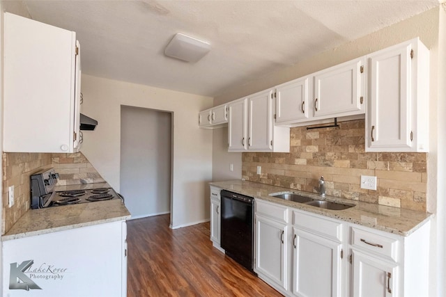 kitchen featuring a sink, range hood, electric range oven, white cabinetry, and dishwasher