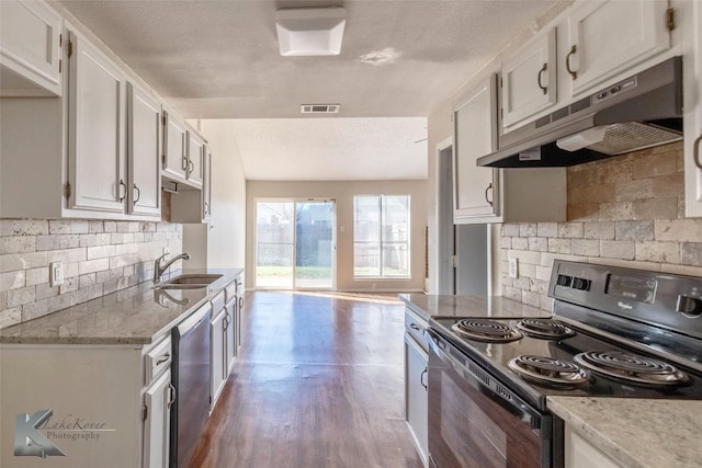 kitchen featuring visible vents, black range with electric cooktop, under cabinet range hood, dishwasher, and a sink