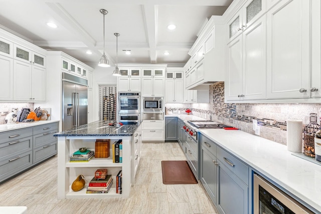 kitchen with beam ceiling, open shelves, gray cabinetry, built in appliances, and pendant lighting