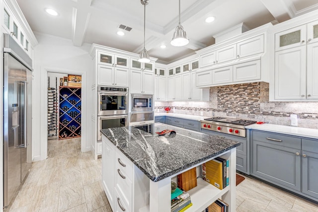 kitchen with gray cabinets, open shelves, decorative light fixtures, backsplash, and built in appliances