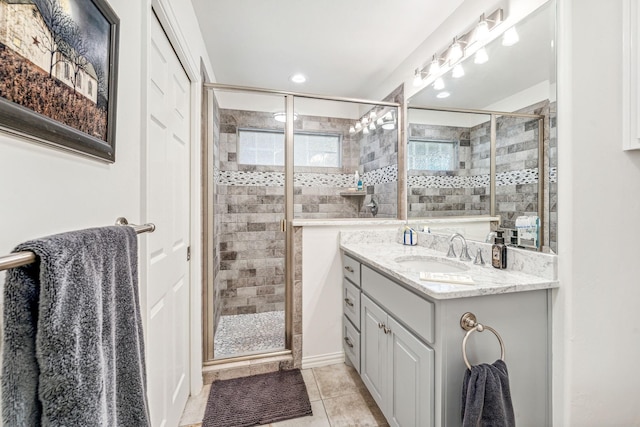 full bath featuring vanity, a stall shower, and tile patterned flooring