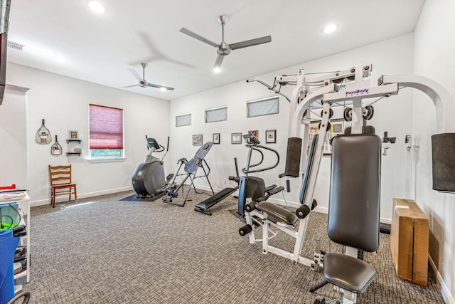 workout room with recessed lighting, carpet, baseboards, and ceiling fan