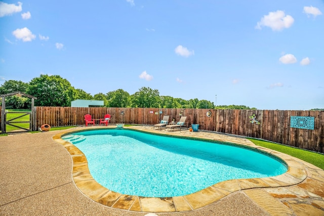 view of pool featuring a fenced in pool, a patio, and a fenced backyard