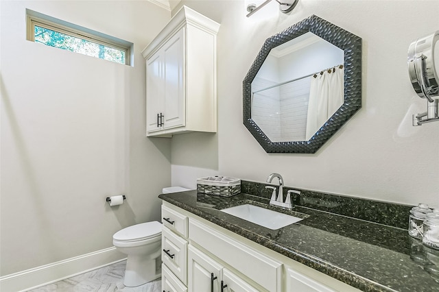 bathroom featuring vanity, a shower with curtain, baseboards, toilet, and marble finish floor