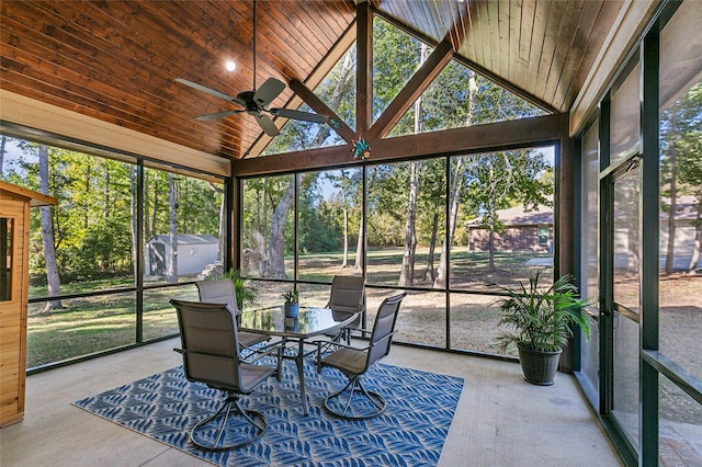 sunroom / solarium featuring lofted ceiling, wood ceiling, and a healthy amount of sunlight