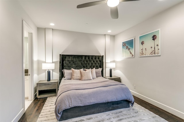 bedroom featuring ceiling fan, baseboards, wood finished floors, and recessed lighting