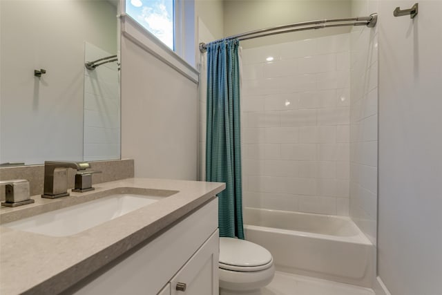 full bath with vanity, toilet, and shower / tub combo with curtain