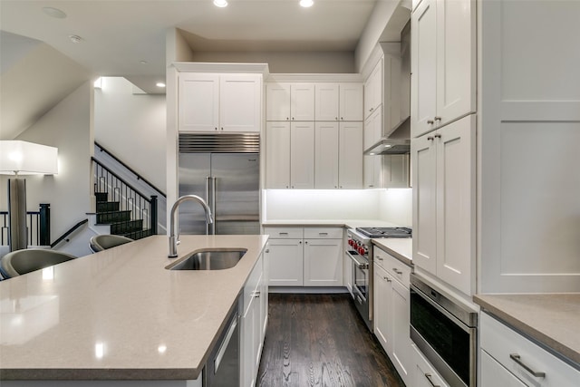 kitchen featuring a sink, dark wood-style floors, built in appliances, and white cabinets