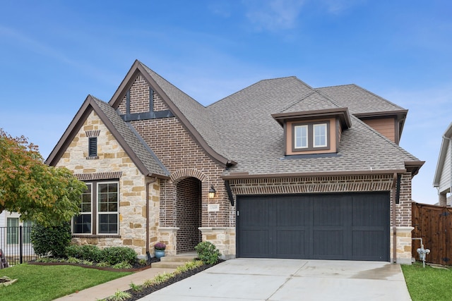 view of front of home with brick siding, fence, concrete driveway, roof with shingles, and a garage