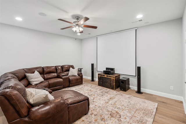 living room featuring recessed lighting, visible vents, ceiling fan, and light wood finished floors