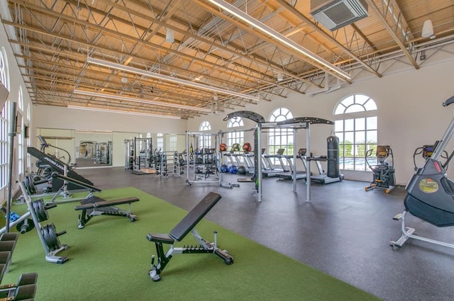 gym featuring visible vents and a towering ceiling