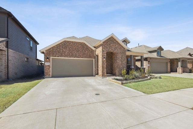 view of front of home featuring concrete driveway, an attached garage, brick siding, and a front lawn