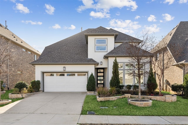 view of front of home featuring a front lawn, roof with shingles, stucco siding, a garage, and driveway