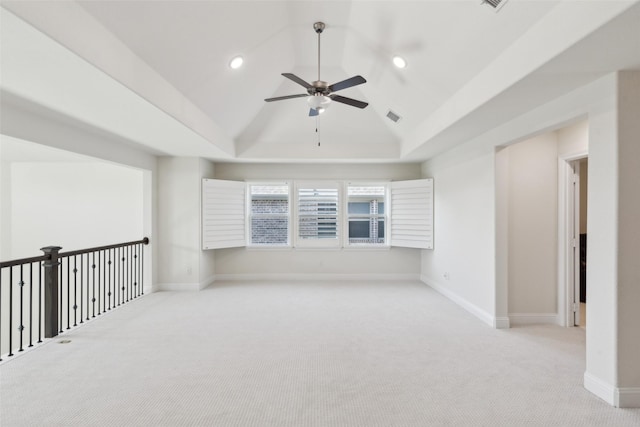 carpeted spare room featuring recessed lighting, visible vents, baseboards, and ceiling fan