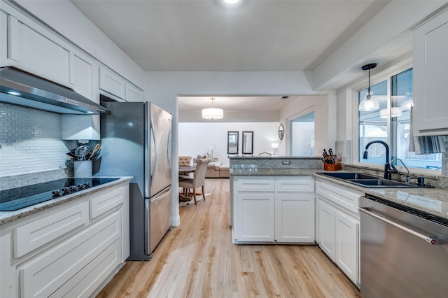 kitchen with light wood-type flooring, under cabinet range hood, a sink, backsplash, and appliances with stainless steel finishes