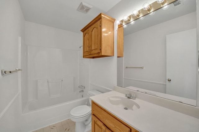 full bath featuring washtub / shower combination, visible vents, toilet, and vanity