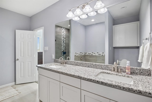 full bathroom featuring a sink, double vanity, and a shower stall