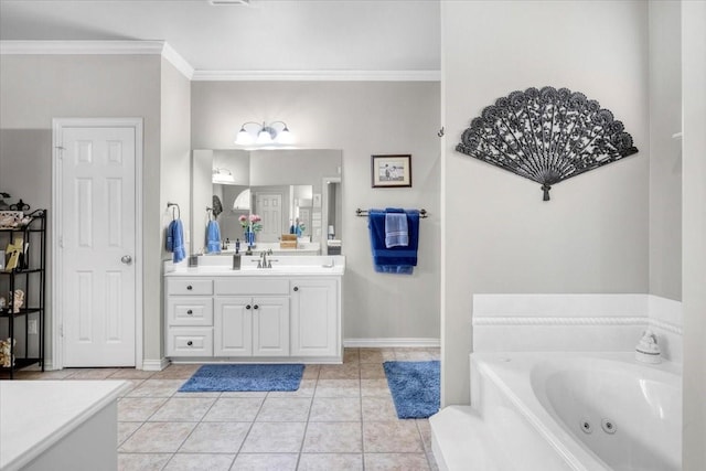 full bathroom featuring ornamental molding, a jetted tub, tile patterned flooring, baseboards, and vanity