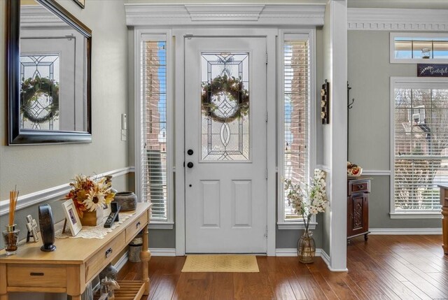 foyer featuring a wealth of natural light, baseboards, and hardwood / wood-style flooring