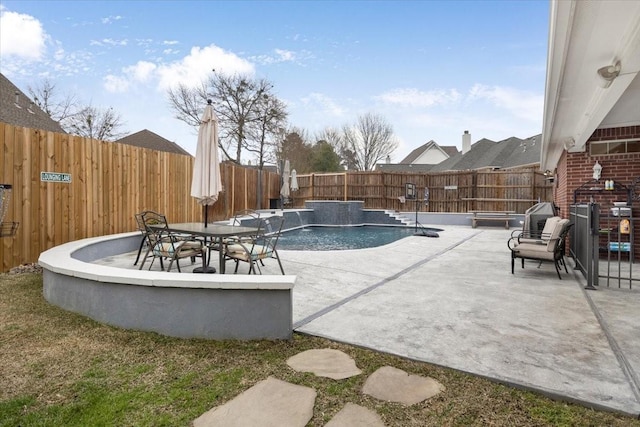 view of swimming pool featuring a patio, a fenced backyard, and a fenced in pool