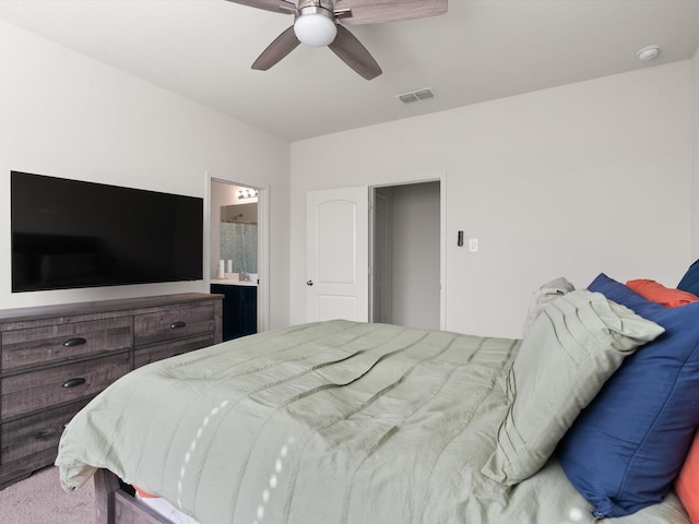 14157 Stallion Ridge Dr, Dallas, TX 75253 - bedroom with visible vents, carpet flooring, ensuite bath, and a ceiling fan