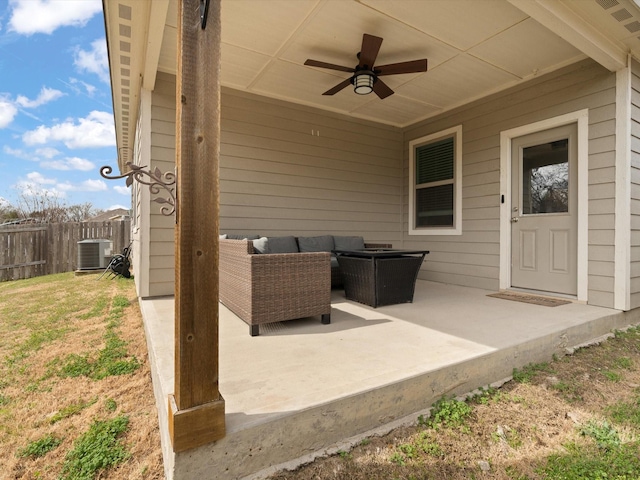 14157 Stallion Ridge Dr, Dallas, TX 75253 - view of patio / terrace with central air condition unit, an outdoor hangout area, ceiling fan, and fence