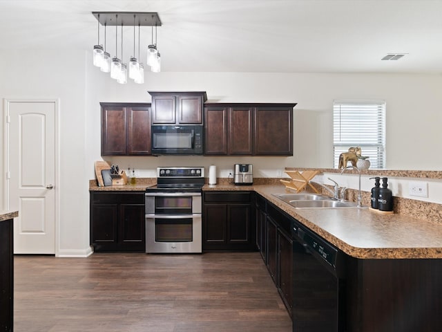 14157 Stallion Ridge Dr, Dallas, TX 75253 - kitchen with visible vents, black appliances, a sink, dark brown cabinetry, and a peninsula