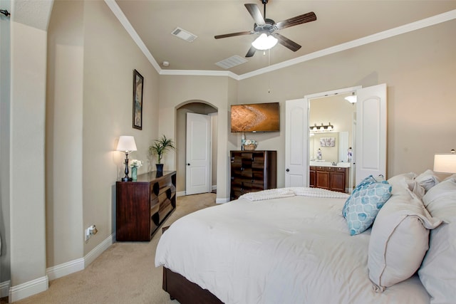 bedroom with visible vents, light carpet, baseboards, and ornamental molding