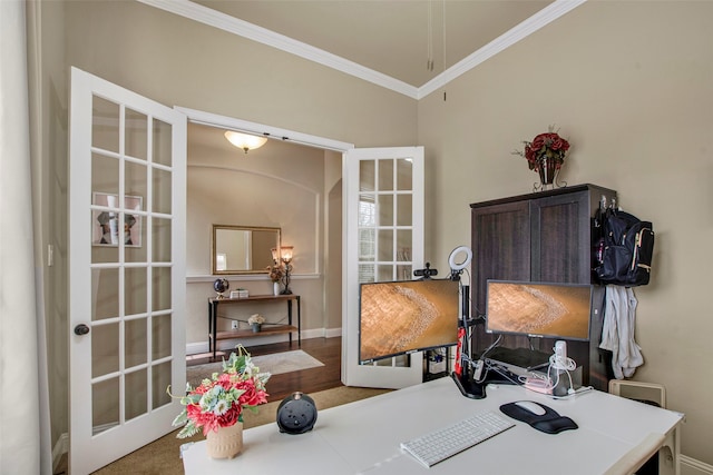 office area with french doors and ornamental molding