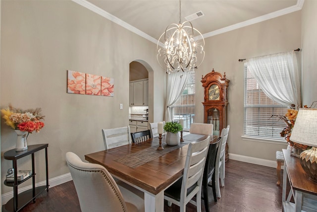 dining space with dark wood-style floors, visible vents, crown molding, and baseboards