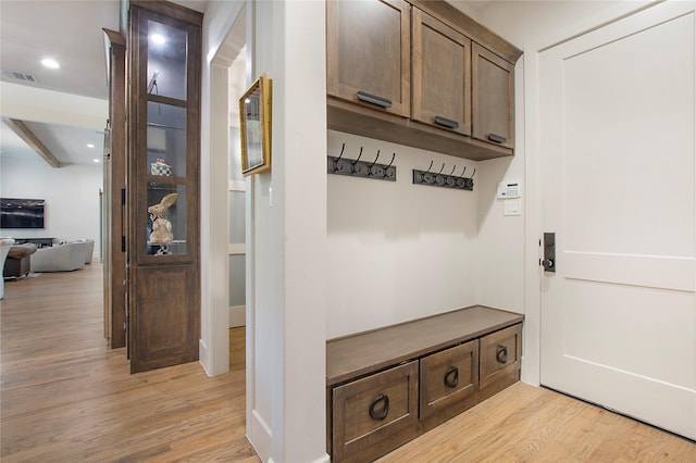 mudroom with visible vents, recessed lighting, and light wood-type flooring