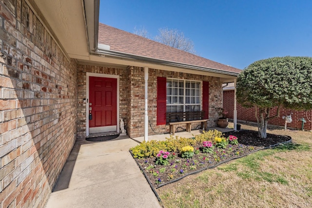 property entrance with brick siding, covered porch, and a shingled roof