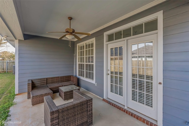 view of patio / terrace featuring an outdoor living space, a ceiling fan, and fence