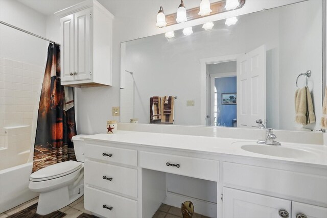 bathroom with shower / bath combination with curtain, toilet, and vanity