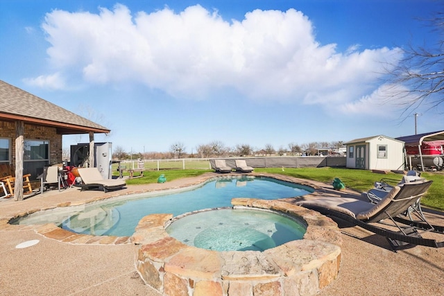 view of pool with a yard, a fenced backyard, an outdoor structure, a storage shed, and a patio area