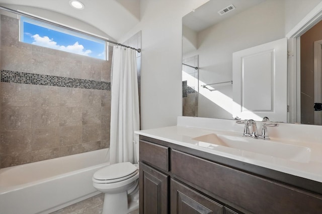 full bath with vanity, toilet, shower / bathtub combination with curtain, and visible vents