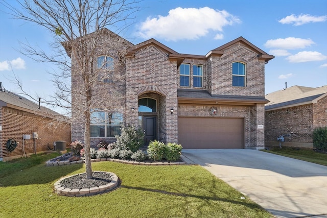 traditional-style home featuring central air condition unit, a front lawn, brick siding, and driveway