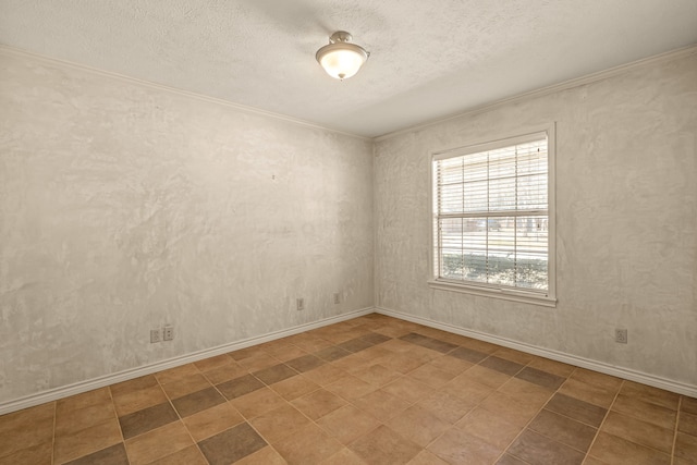 empty room with crown molding, baseboards, tile patterned floors, and a textured ceiling